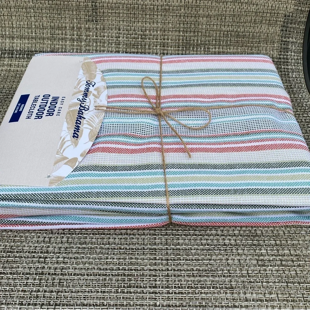Tommy Bahama Hannah Striped Indoor Outdoor Patio Fabric Round Tablecloth 70